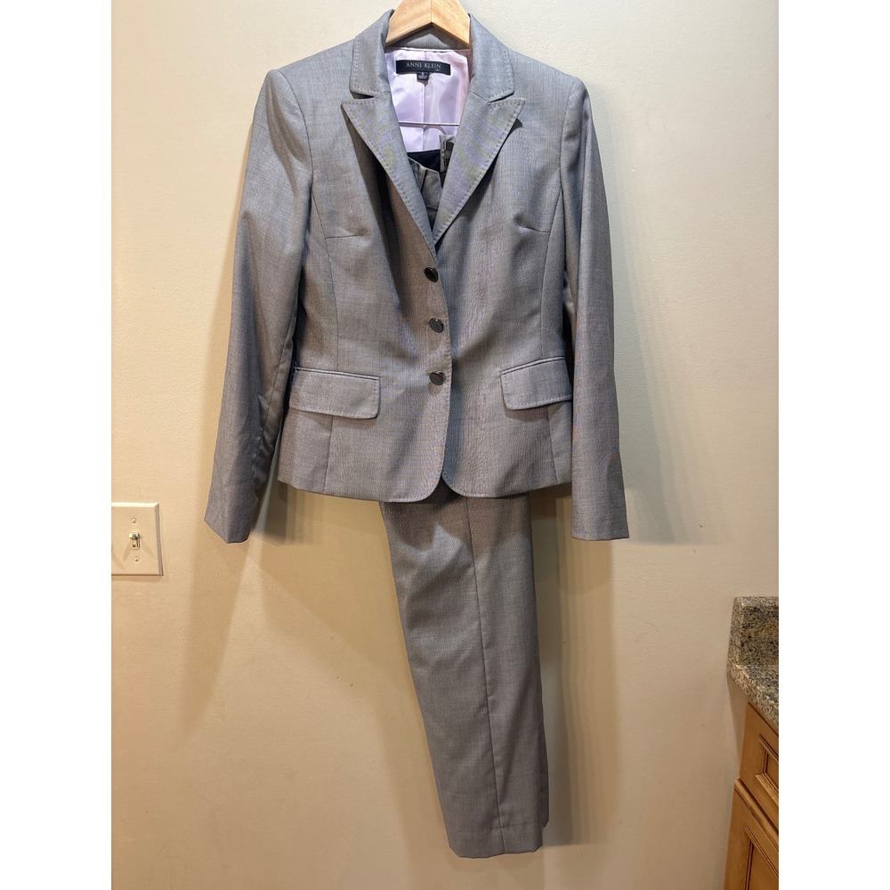 Anne Klein Suit Womens 6 Grey Micro Houndstooth Blazer Pants Set Wool Blend - Picture 1 of 15